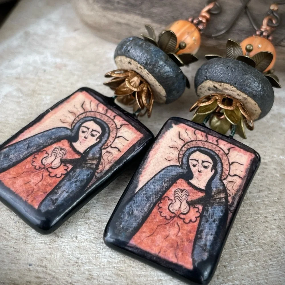 Ceramic charms statement earrings, our lady of sorrow charm earrings - Picture 5 of 5